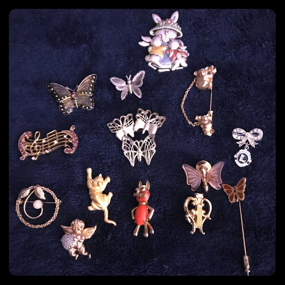 13 butterfly, cat, music and bunny brooches